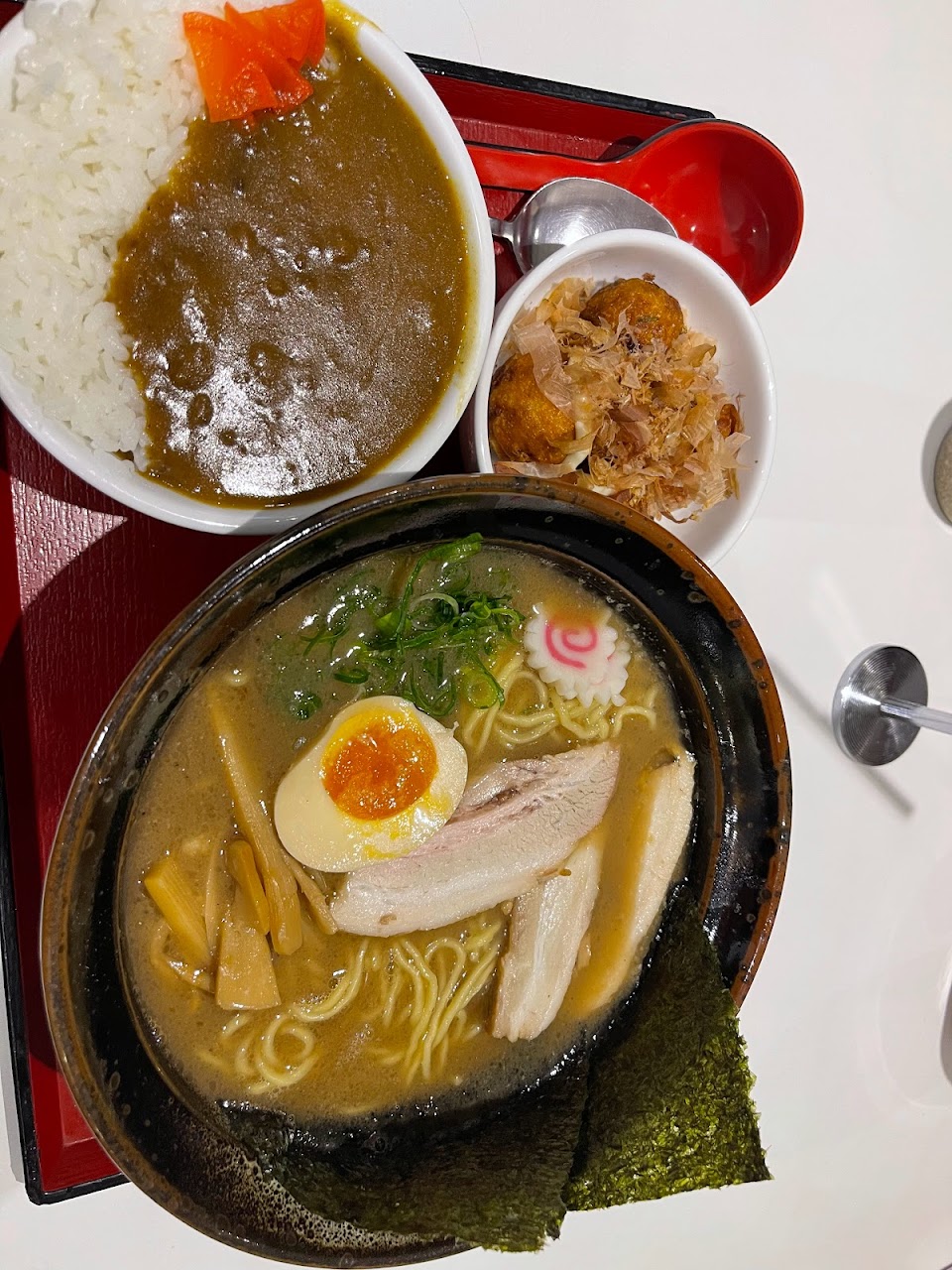 Ramen set with curry rice and takoyaki at Menya Chinatown