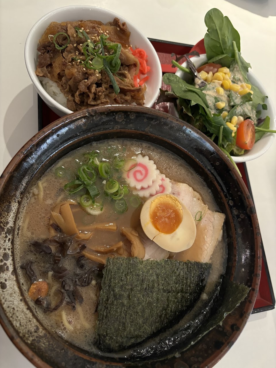 Ramen with rice bowl and salad set at Menya Chinatown